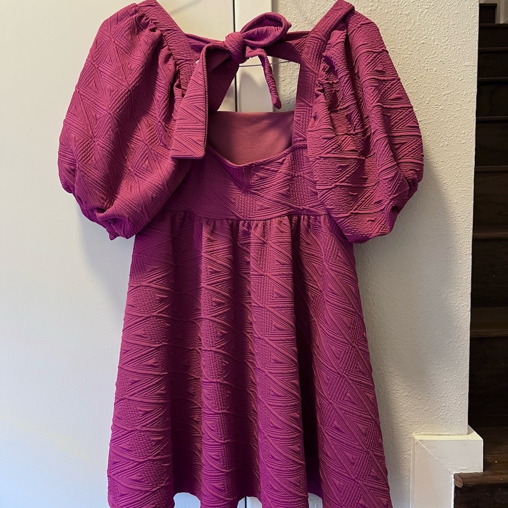 Free People Fuchsia Puff-sleeve Mini Dress XS | “Plum Lily” - Picture 4 of 8